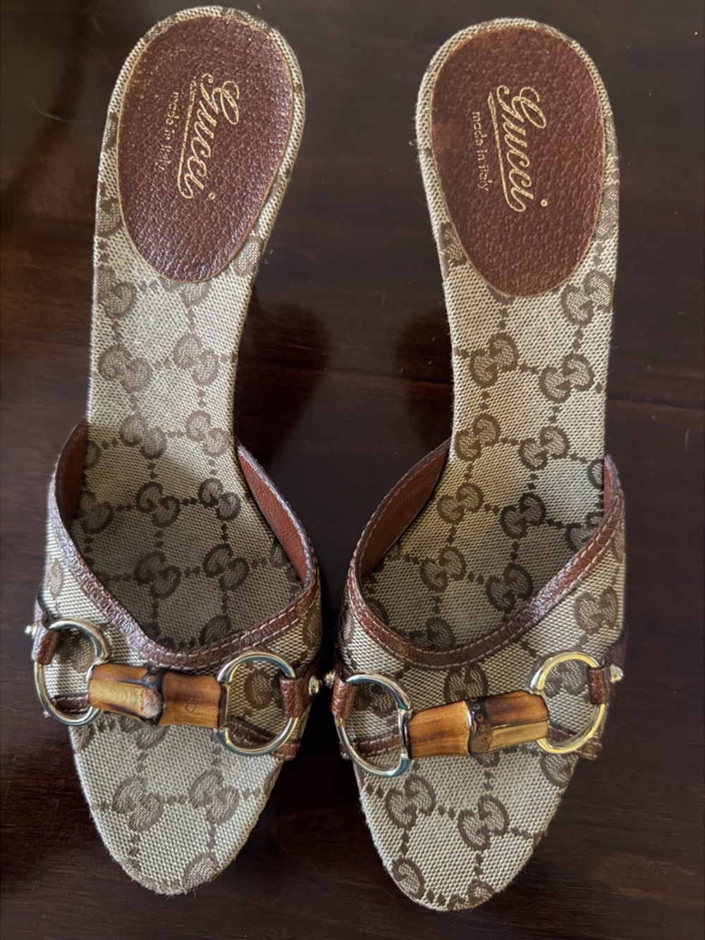 Gucci Brown Beige GG Canvas Bamboo Bit Slide Mules